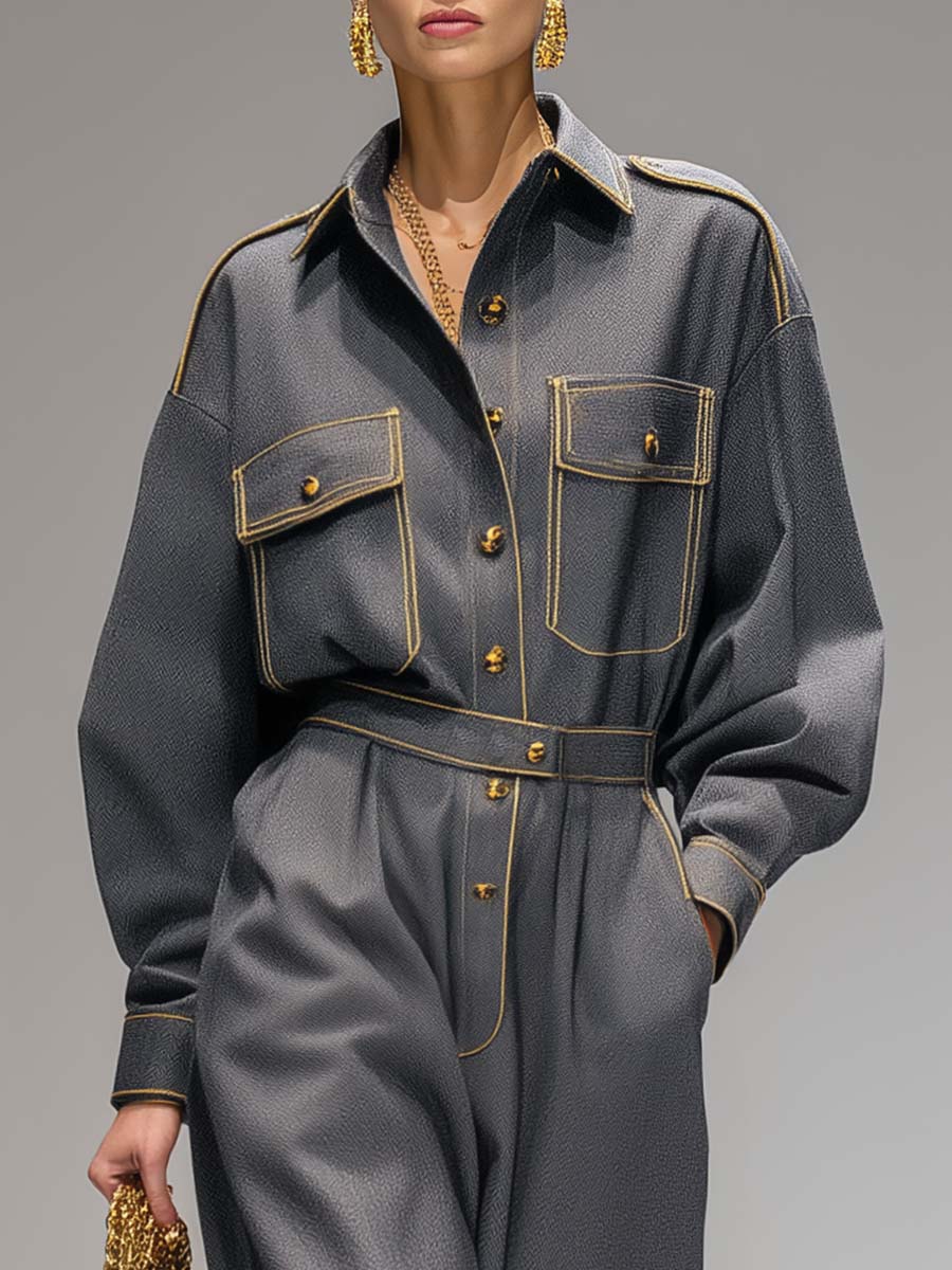 Exquisite Casual Front Button Batwing Sleeve Waisted Gray Jumpsuit