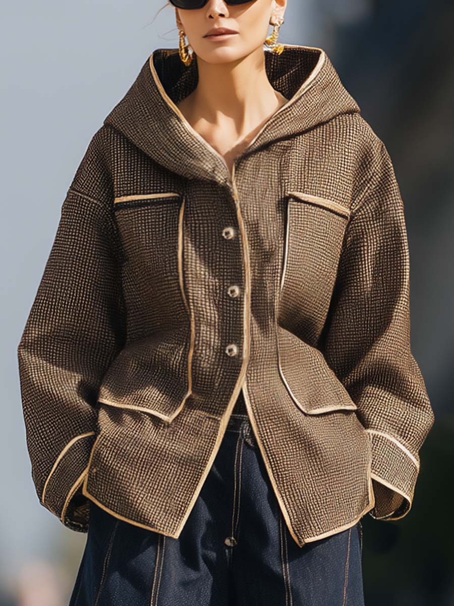 Casual Fashion Urban Beige Trim Hooded Front Button Brown Plaid Jacket