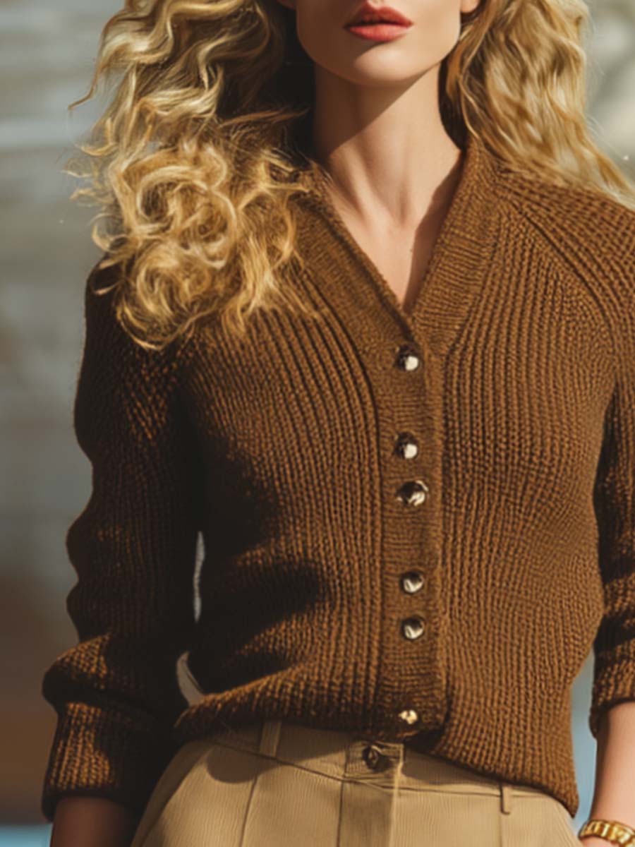 Retro Comfortable And Versatile V-neck Front Button Brown Knitted Cardigan