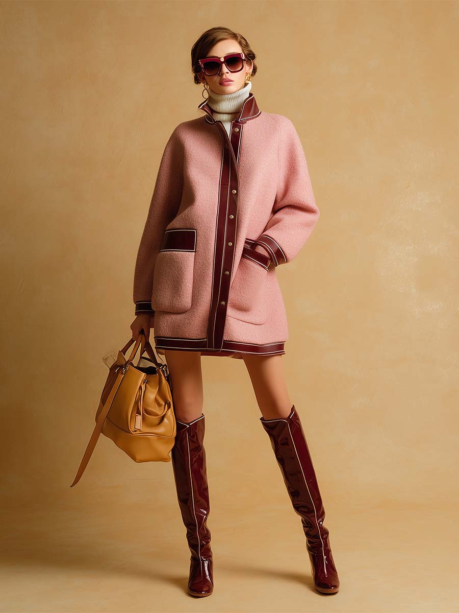 Retro Fashion Lapel Front Button Burgundy Leather Trim Pink Mini Coat