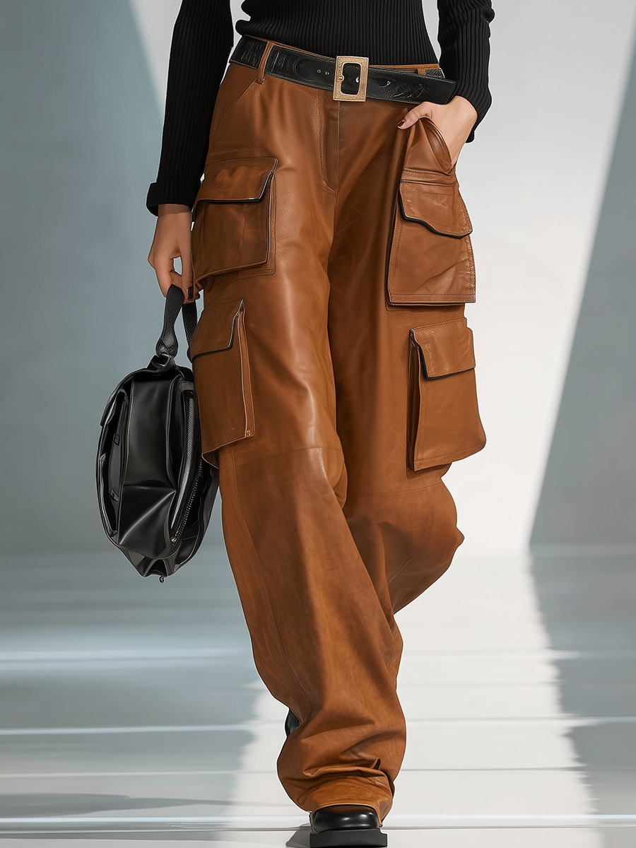 Vintage Multi-Pocket Faux Leather Cargo Pants