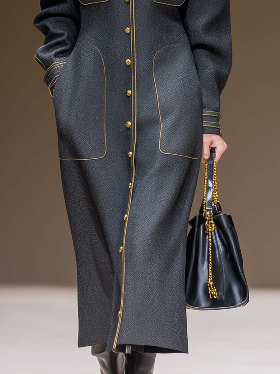 Exquisite Urban Yellow Trim Front Button Gray Herringbone Long Trench Coat