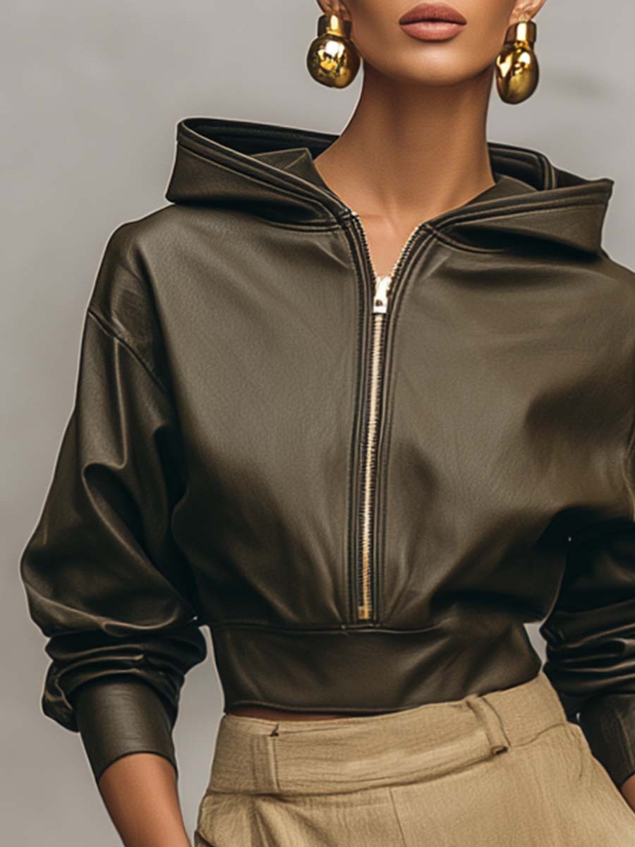 Temperament And Fashion Hooded Front Zipper Moss Green Eco-friendly Leather Short Jacket