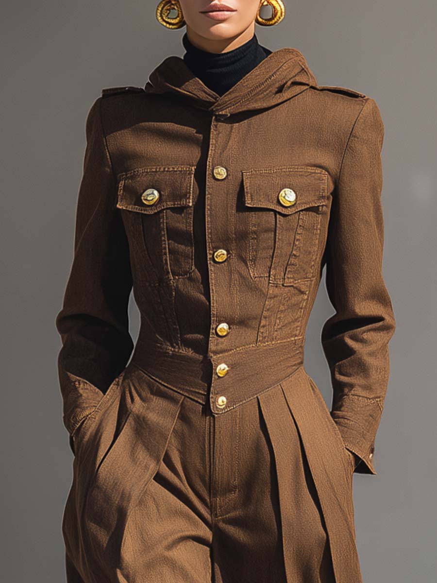 Stylish And Handsome Hooded Front-button Tapered Leg Brown Denim Jumpsuit