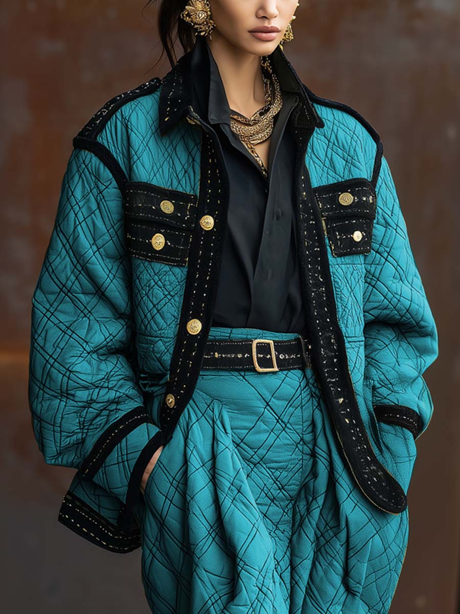 Retro Exquisite Fashion Lapel Black Trim Metal Buttons Sky Blue Quilted Cotton Jacket Coat