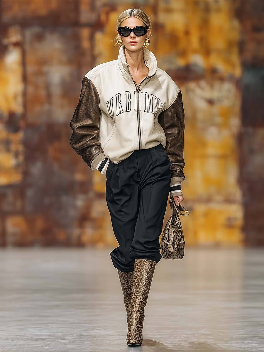 Retro Casual Sportswear Lapel Front Zipper Contrast Sleeves Baseball Jacket