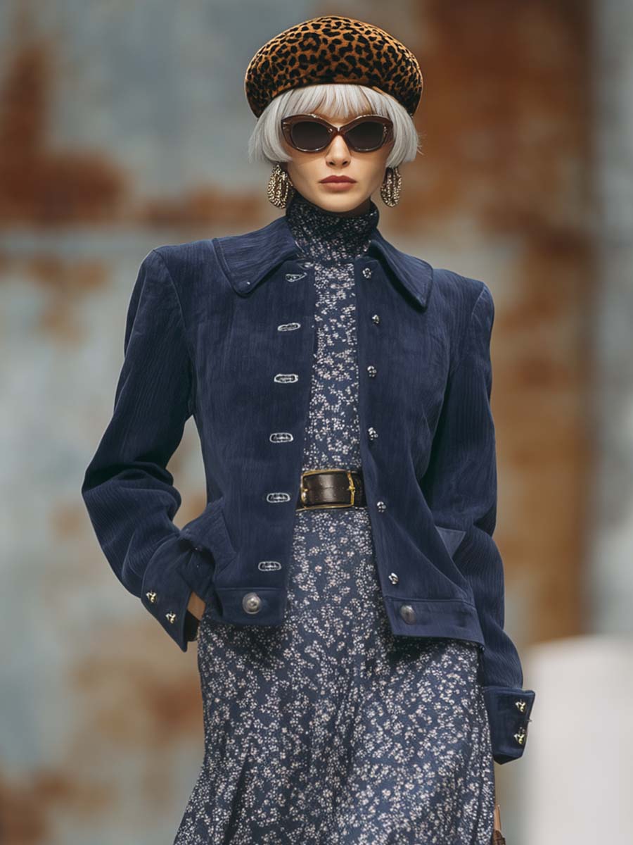 Vintage Exquisite Casual Lapel Front Button Dark Blue Corduroy Jacket