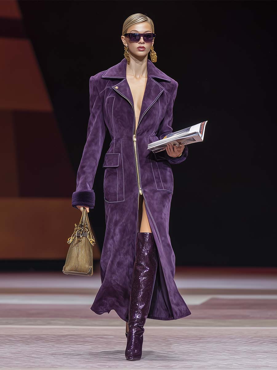 Retro Fashion Exquisite Street Style Large Lapel Front Zipper Dark Purple Faux Suede Slit Coat