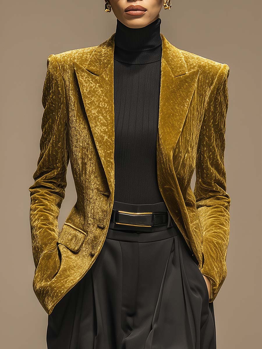 Temperament Fashion Peaked Lapel Single-breasted 3-button Small X-shaped Gold Velvet Blazer