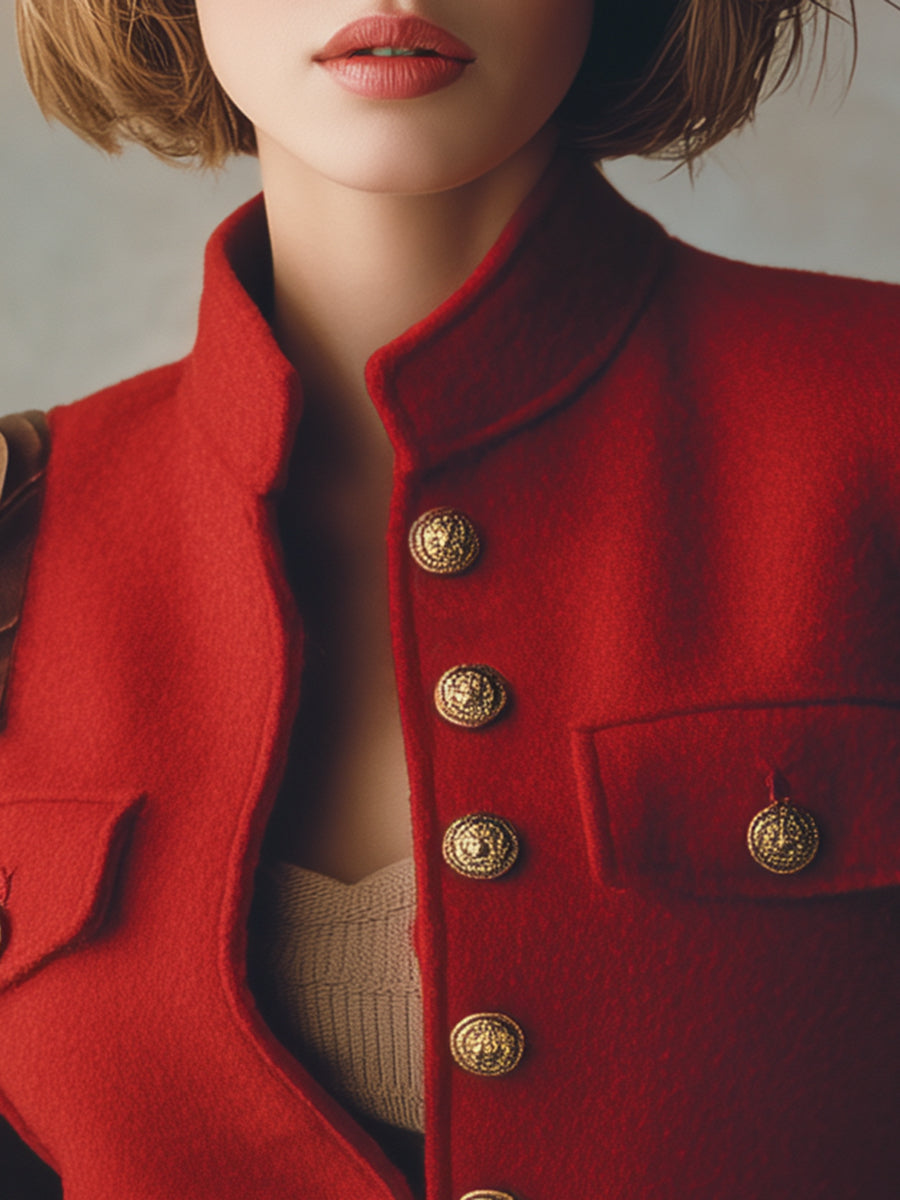 Retro And Fashionable Stand-up Collar Pocket Red Woolen Jacket