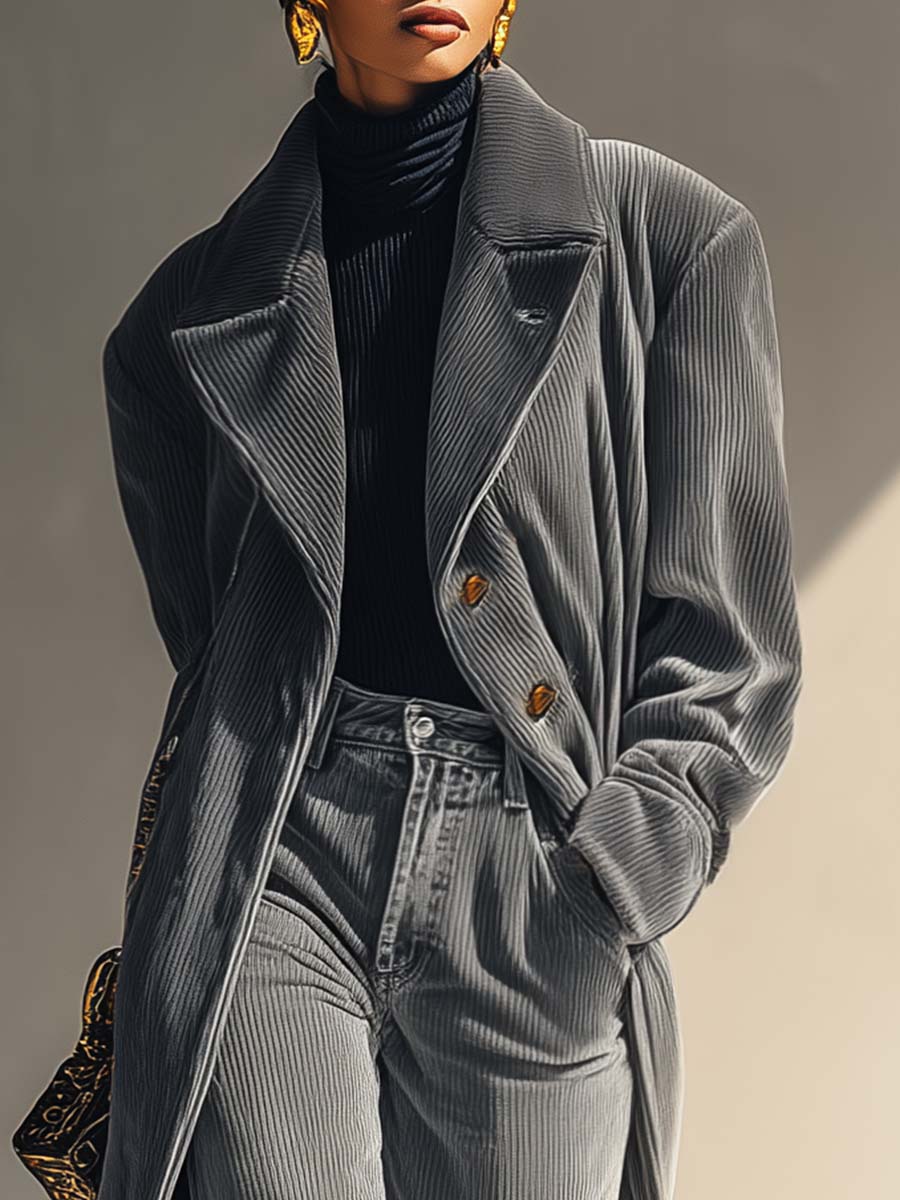 Urban And Fashionable Temperament Large Lapel Front Button Gray Corduroy Coat