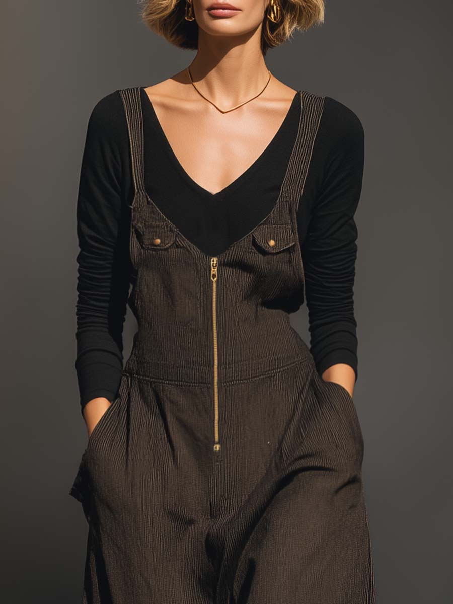 Vintage Casual Urban V-neck Front Zipper Brown Textured Jumpsuit Overalls