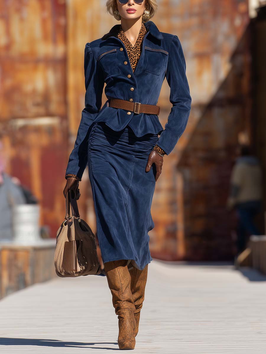 Vintage Street Western Dark Blue Faux Suede Button Front Jacket And Skirt Set