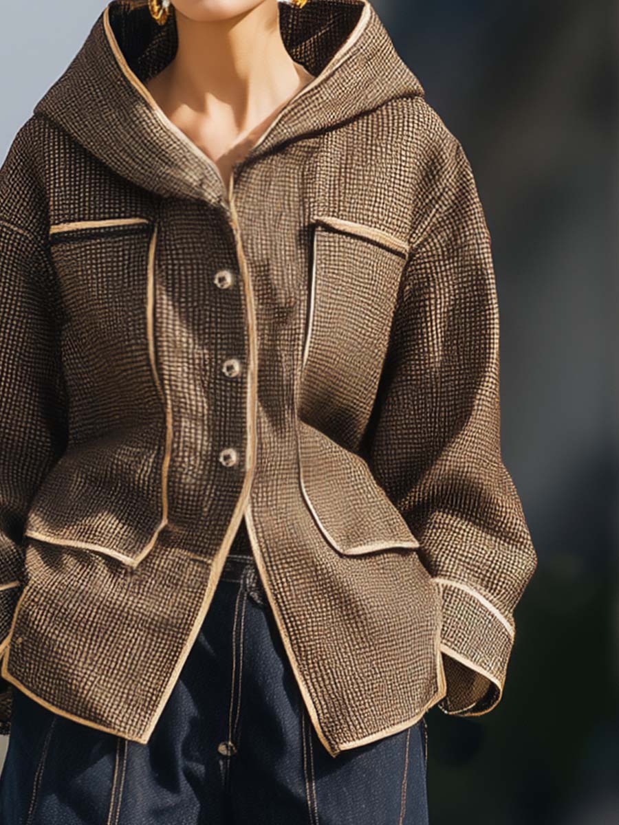 Casual Fashion Urban Beige Trim Hooded Front Button Brown Plaid Jacket