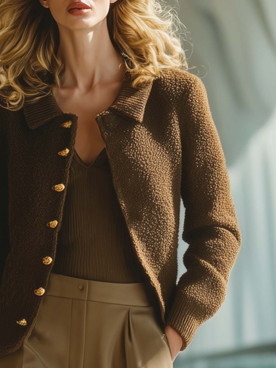 Exquisite Retro Casual Small Lapel Front Button Brown Polar Fleece Cardigan