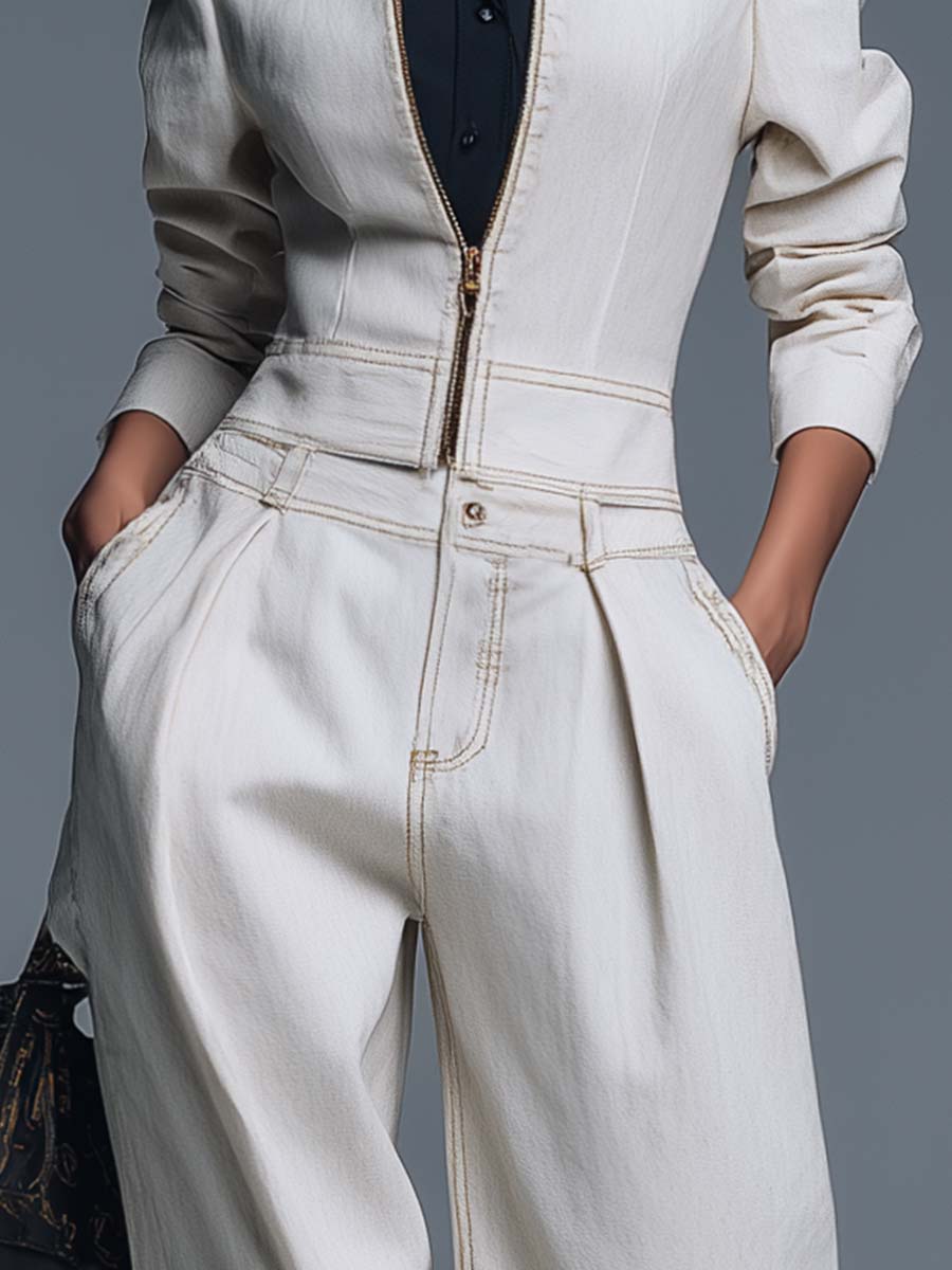 Classic Versatile Fashion Simple White Denim Tapered Pants