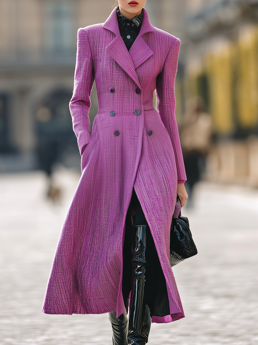 Elegant Vintage Double-breasted Tweed Long Coat