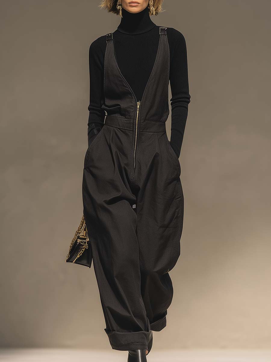 Casual Simple Versatile Fashionable V-neck Front Zipper Black High-quality Denim Overalls