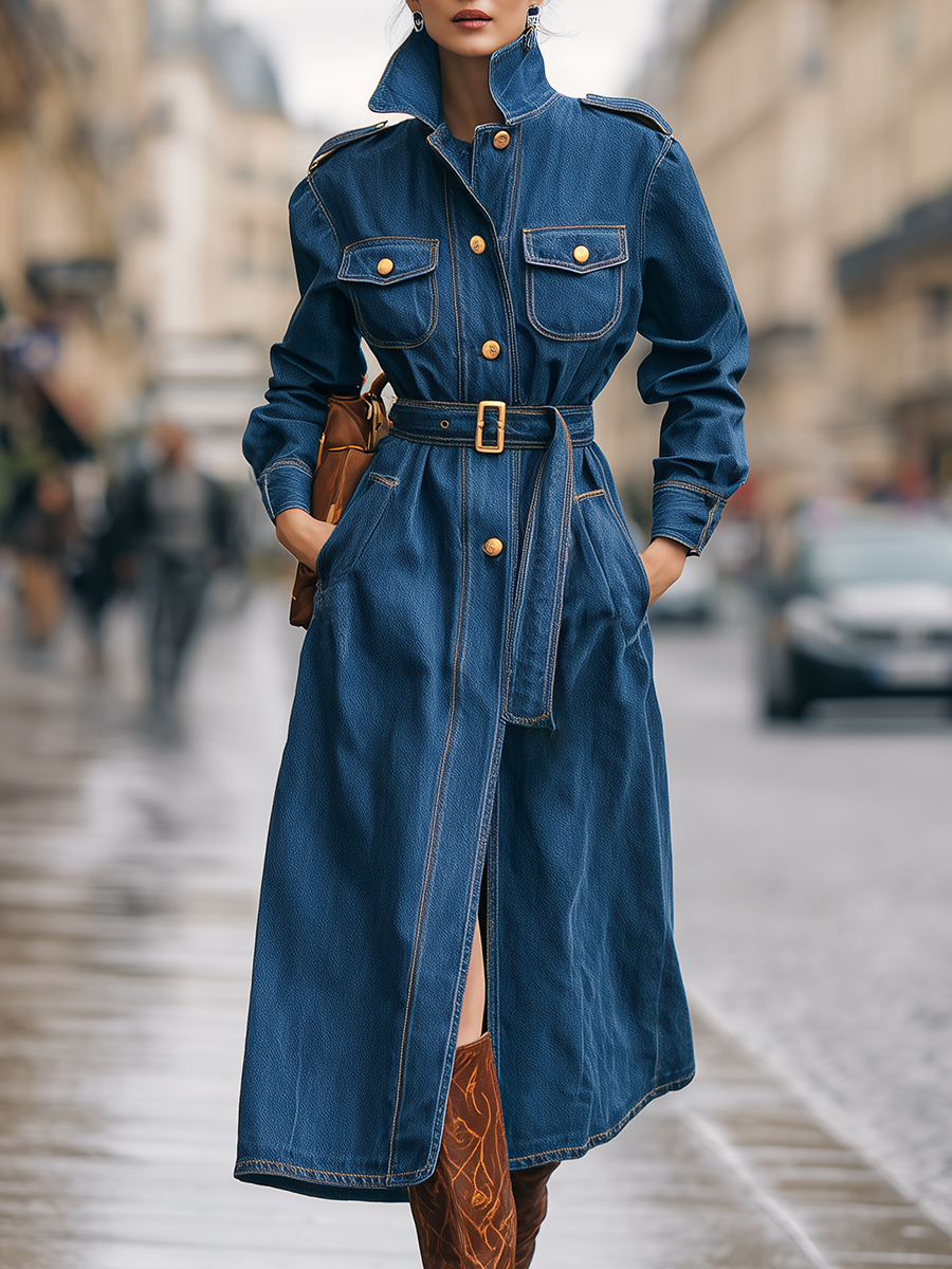 Vintage Lapel Metal Button Multi-pocket Long Denim Coat