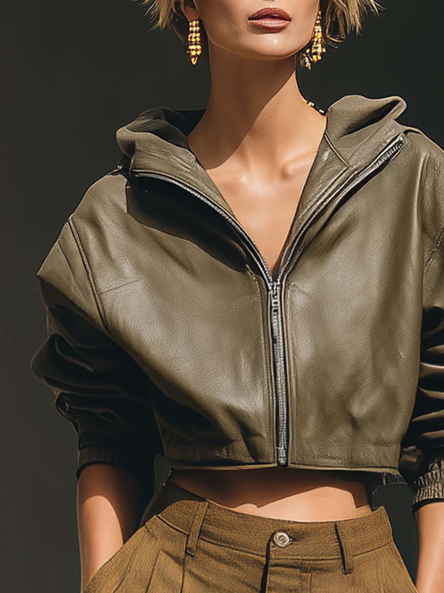 Premium Quality Fashionable Front Zip Hooded Olive Green Eco-friendly Leather Bomber Jacket