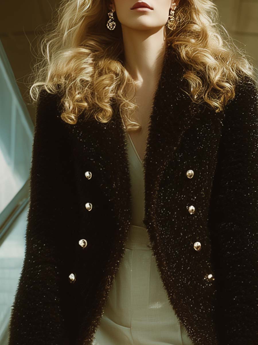 Vintage Modern Front Lapel Black Shiny Eco-friendly Fur Jacket Coat