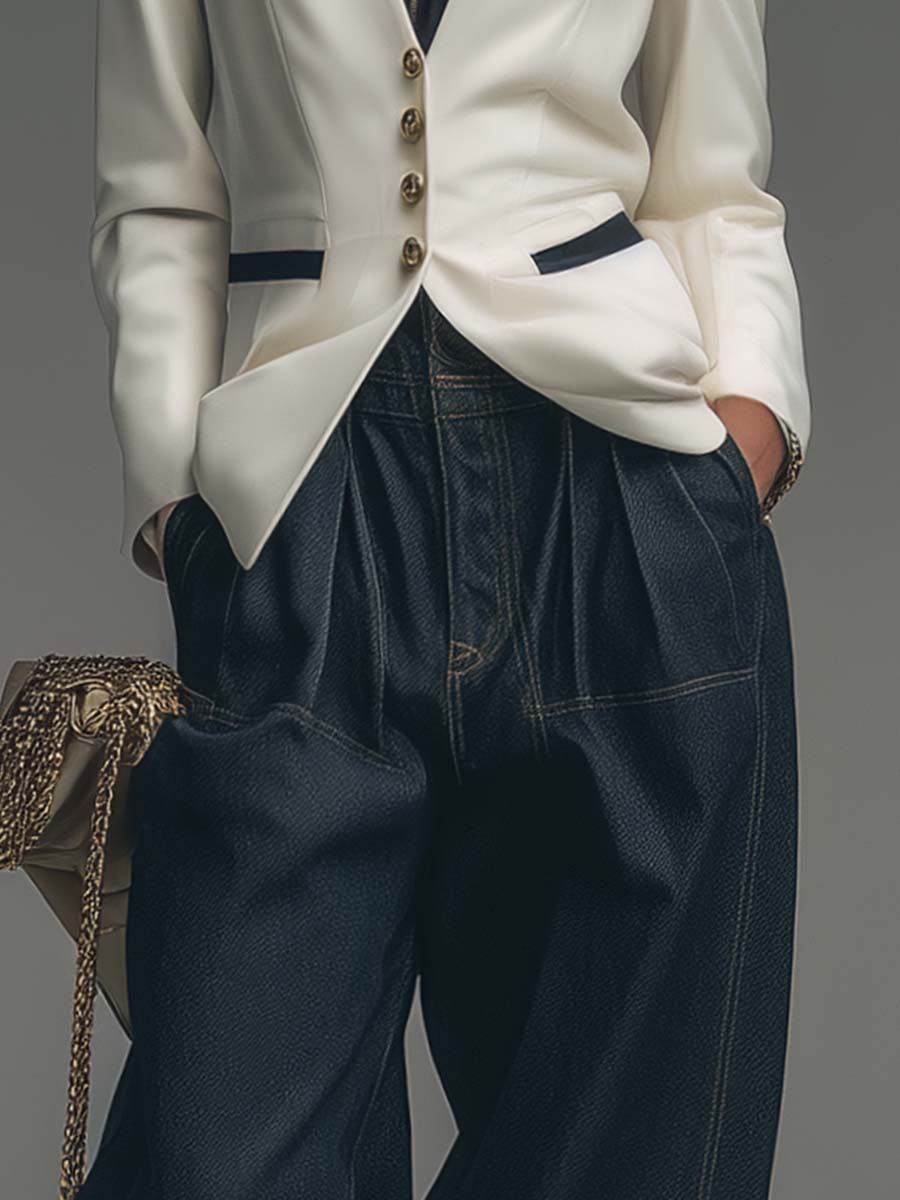 Versatile And Fashionable Urban Pleated Pocket Dark Blue Denim Tapered Pants