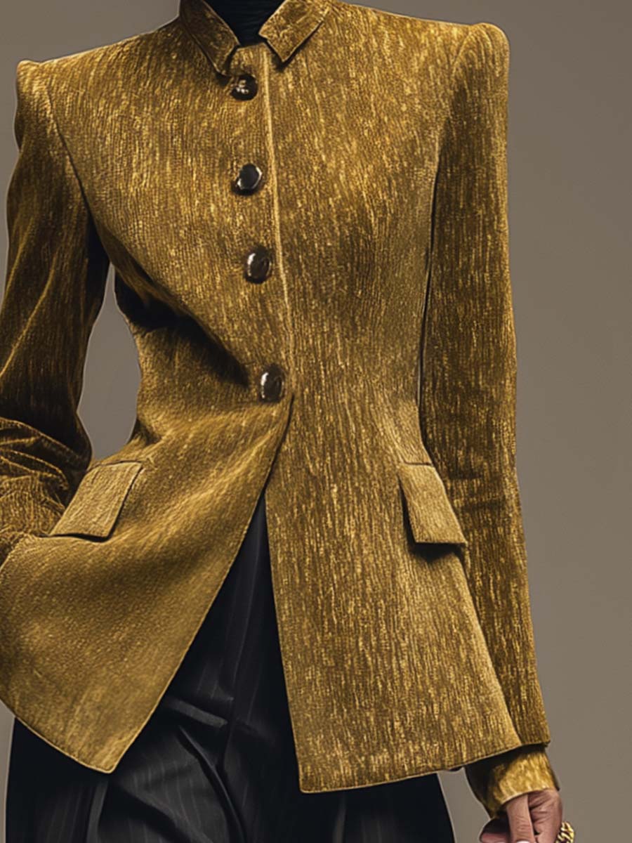 Vintage Temperament Front Button Lapel Gold Velvet Blazer Style X-shaped Tailored Jacket