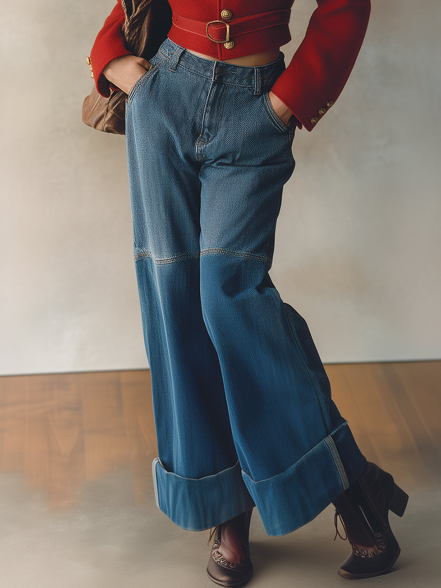 Retro And Fashionable Free People Cuffed Colorblock Denim Wide-leg Pants