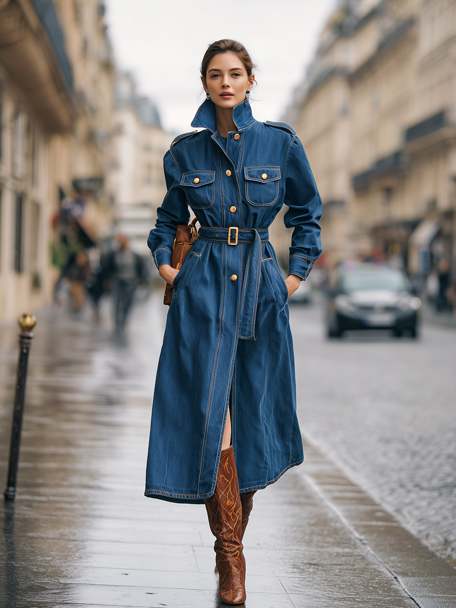 Vintage Lapel Metal Button Multi-pocket Long Denim Coat