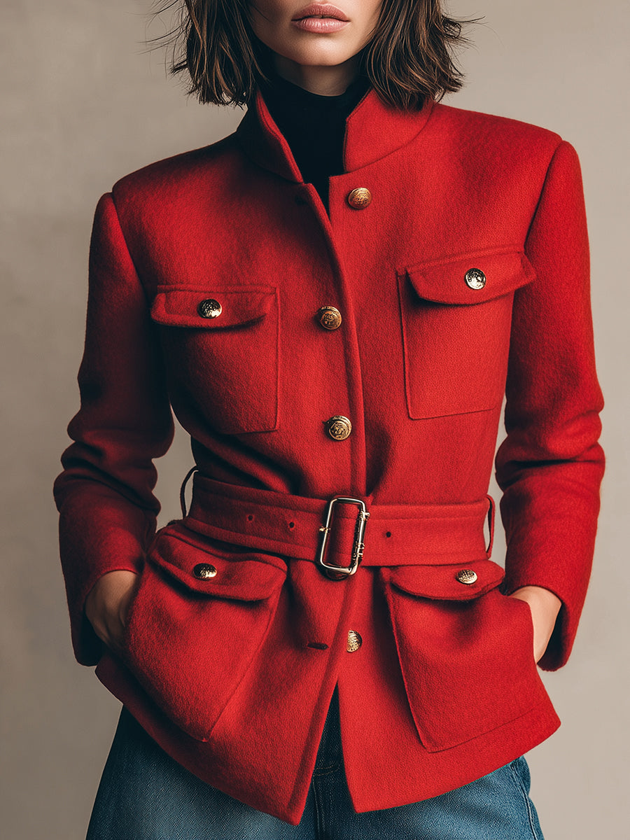 Fashionable Retro Workwear Belt Red Woolen Jacket