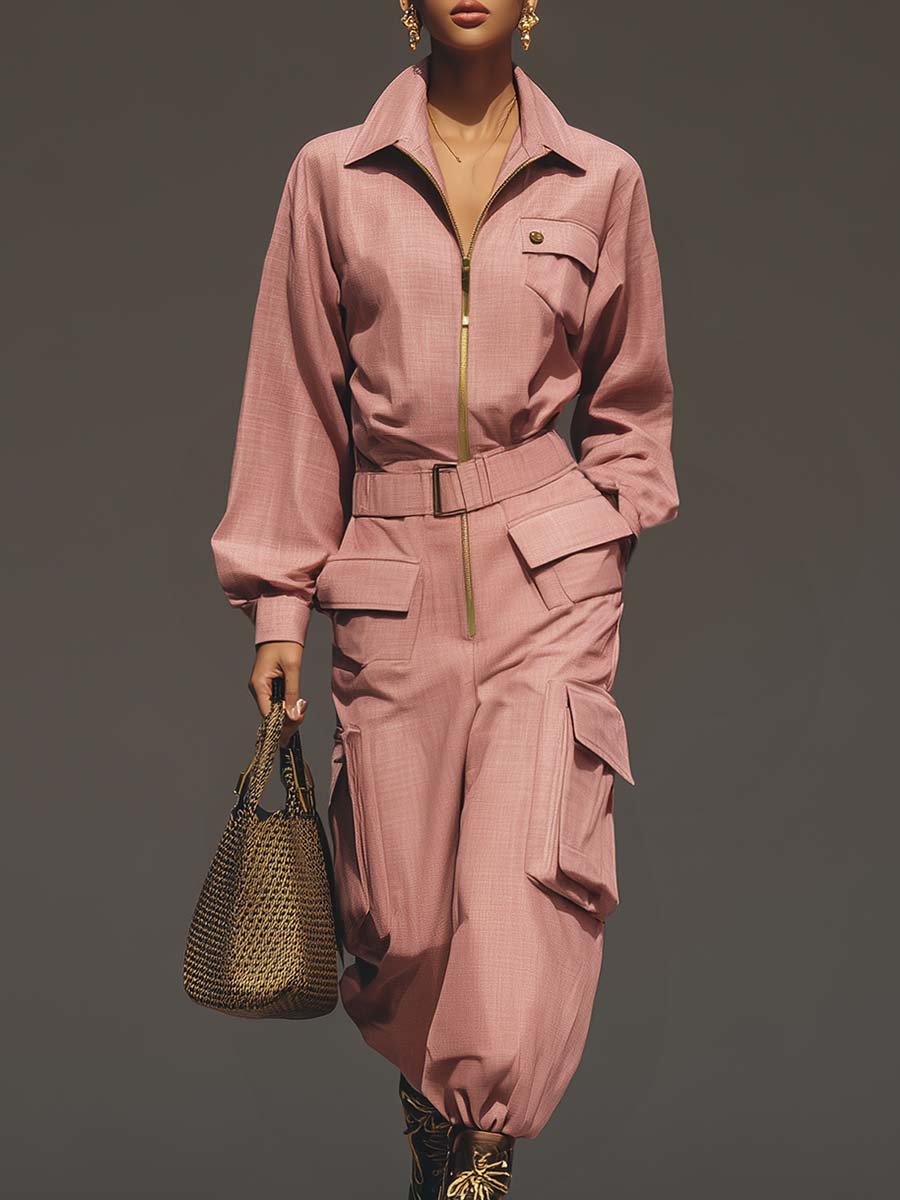 Exquisite Casual Fashion Lapel Front Zipper Work Pocket Pink Loose Jumpsuit