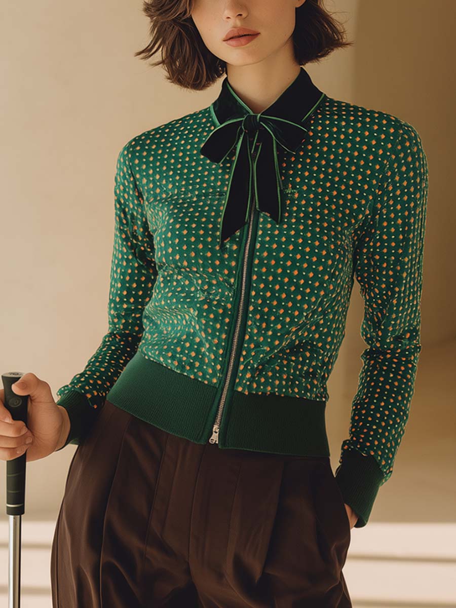 Retro Fashion Sports Lapel Bow Tie Front Zipper Green Matte Velvet Polka Dot Jacket