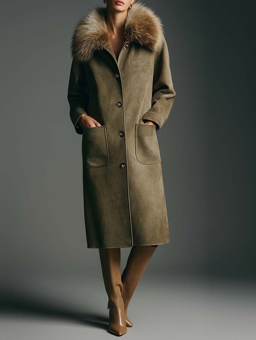 Retro Fashion Green Double Pocket Faux Suede Fur Collar Coat