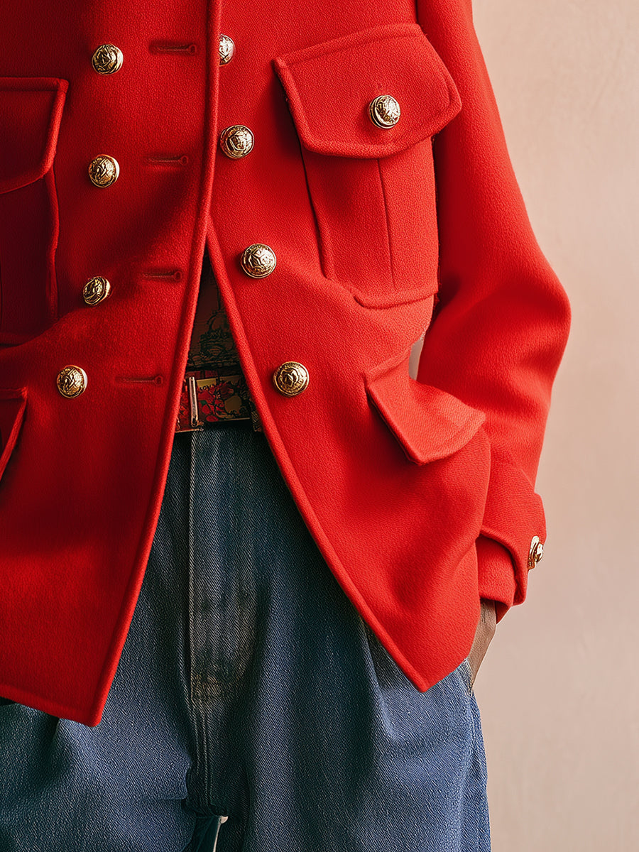 Vintage Loose Gold Button Red Wool Jacket