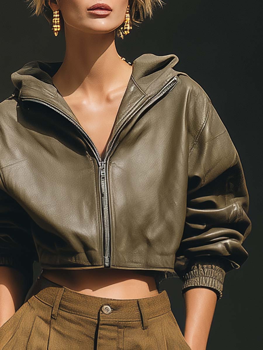 Premium Quality Fashionable Front Zip Hooded Olive Green Eco-friendly Leather Bomber Jacket