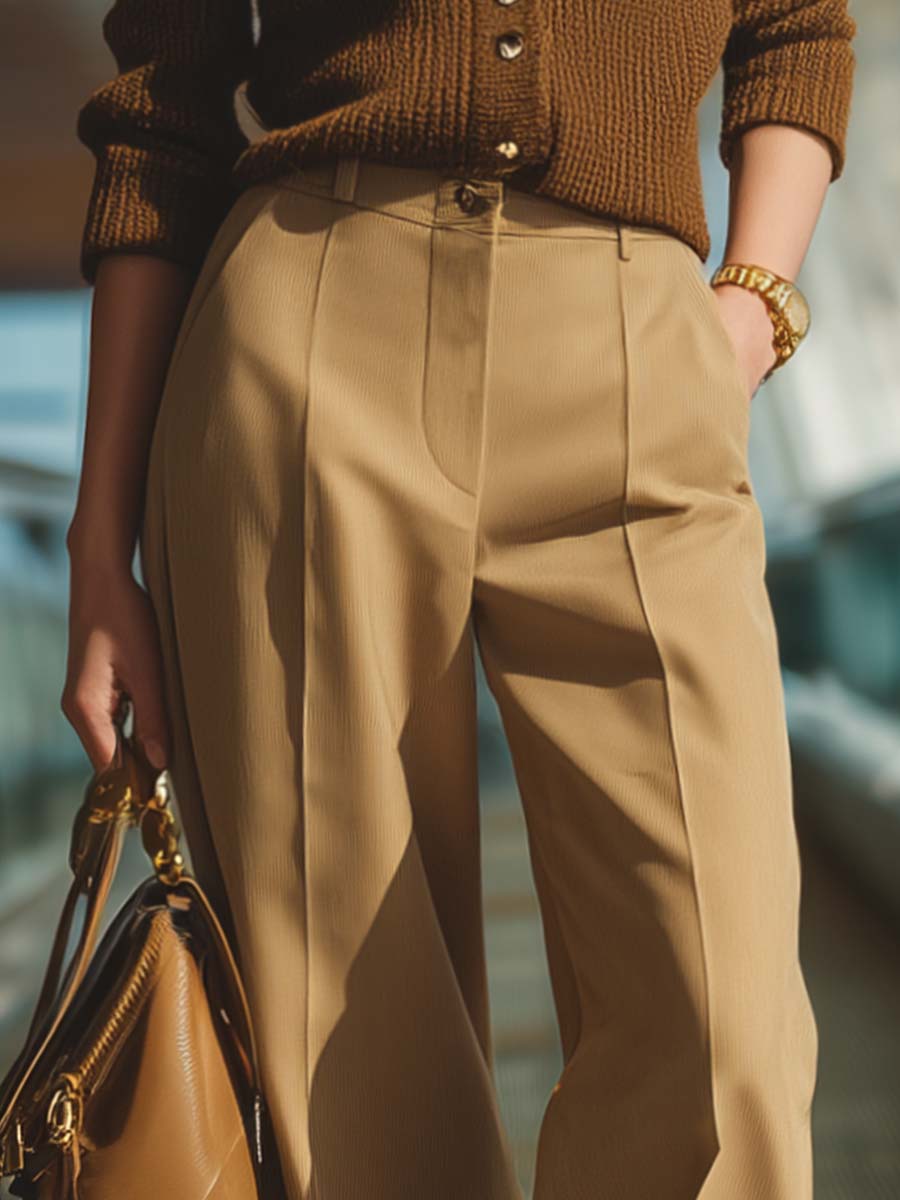 Classic Simple And Versatile Light Brown Worsted Wool Straight-leg Pants