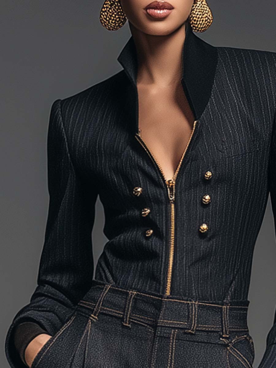 Exquisite Urban Contrast Color Stand Collar Front Zipper Metal Decoration Black Striped Slim Jacket