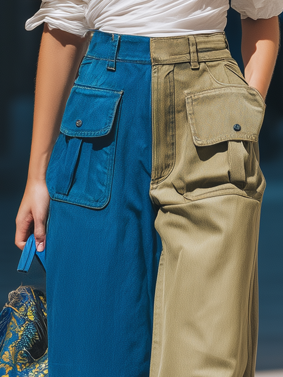 Retro Contrast Multi-Pocket Denim Cargo Pants