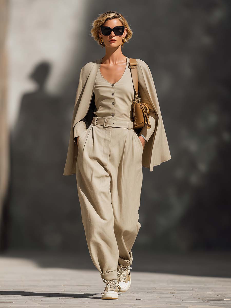 Temperament Street Urban Beige Fake Two-piece Design Shawl Style V-neck Front Buckle Belt Jumpsuit
