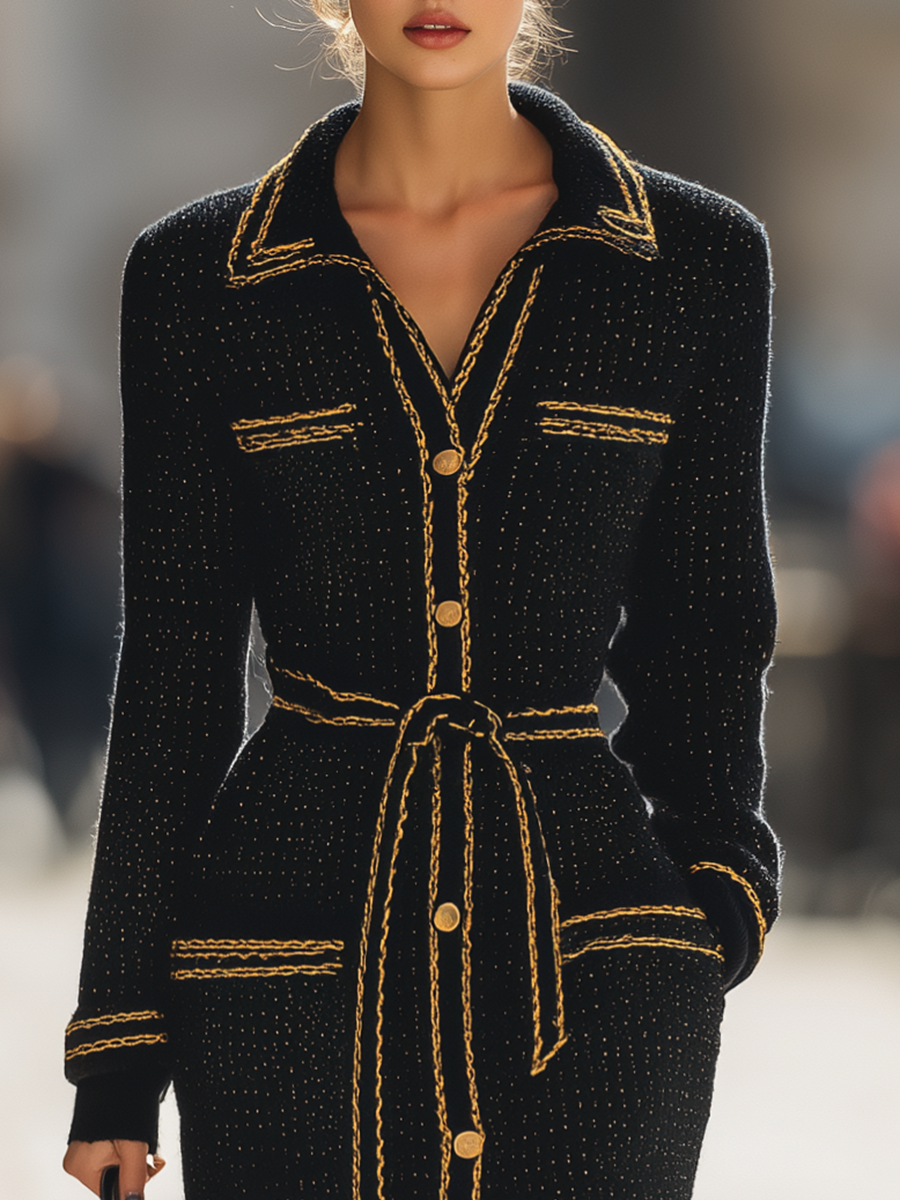 Oakly Fashion™ |  Gold Trim Lapel Tweed Maxi Dress