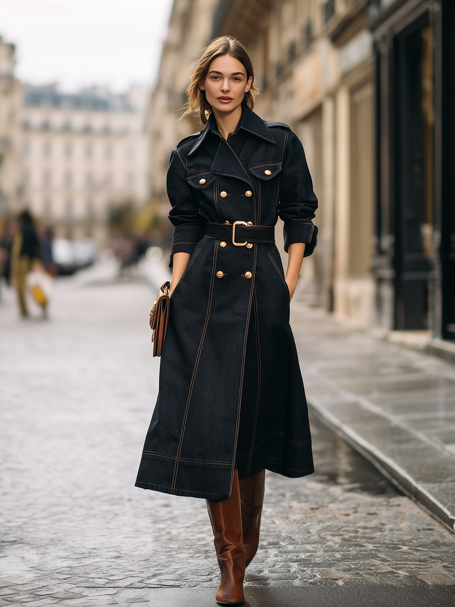 Vintage Elegant Lapel Double-breasted Long Denim Coat