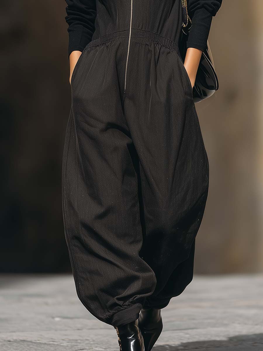 Casual Fashion Urban Hooded Sleeveless Front Zipper Black Loose Jumpsuit