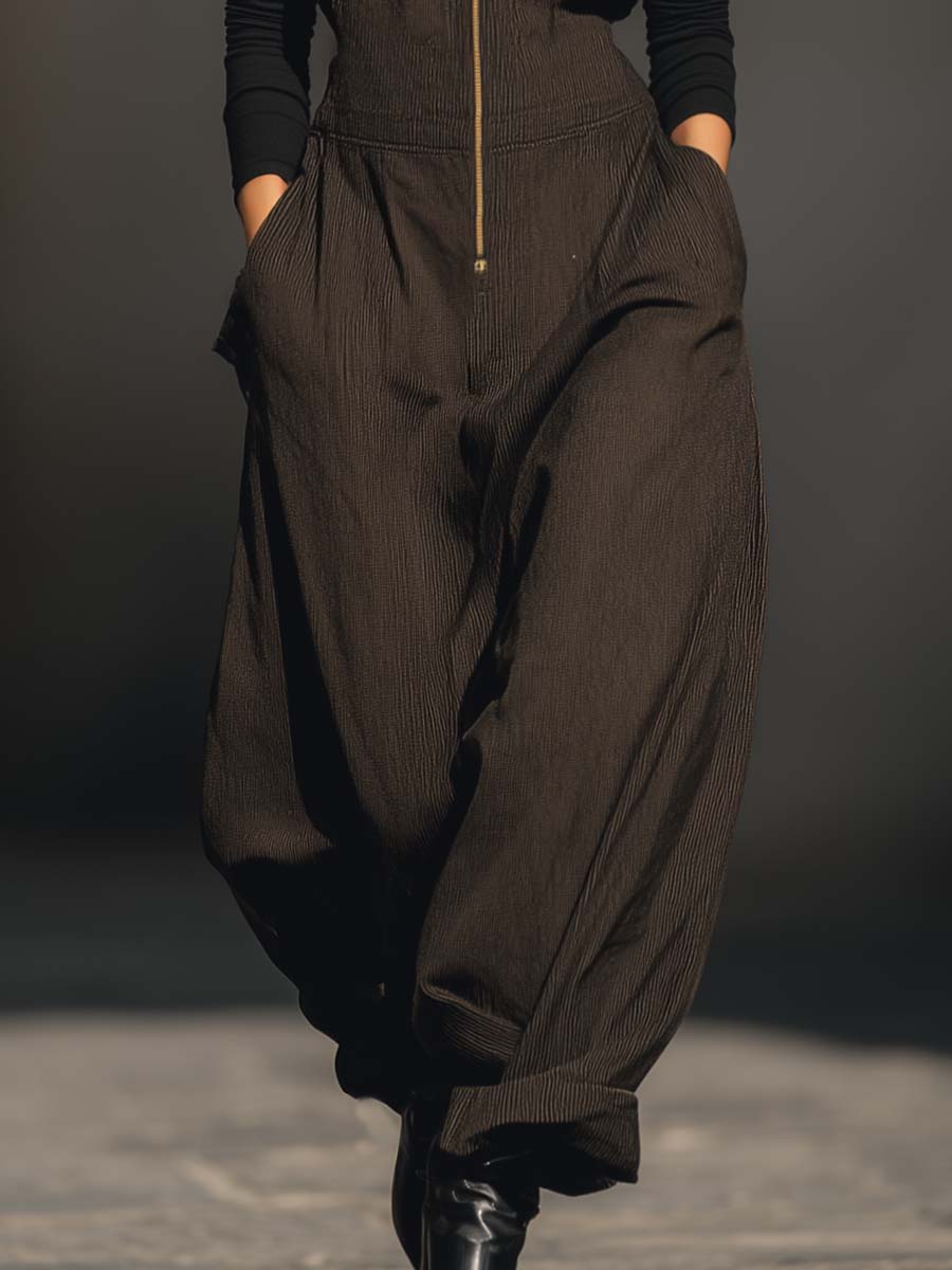 Vintage Casual Urban V-neck Front Zipper Brown Textured Jumpsuit Overalls