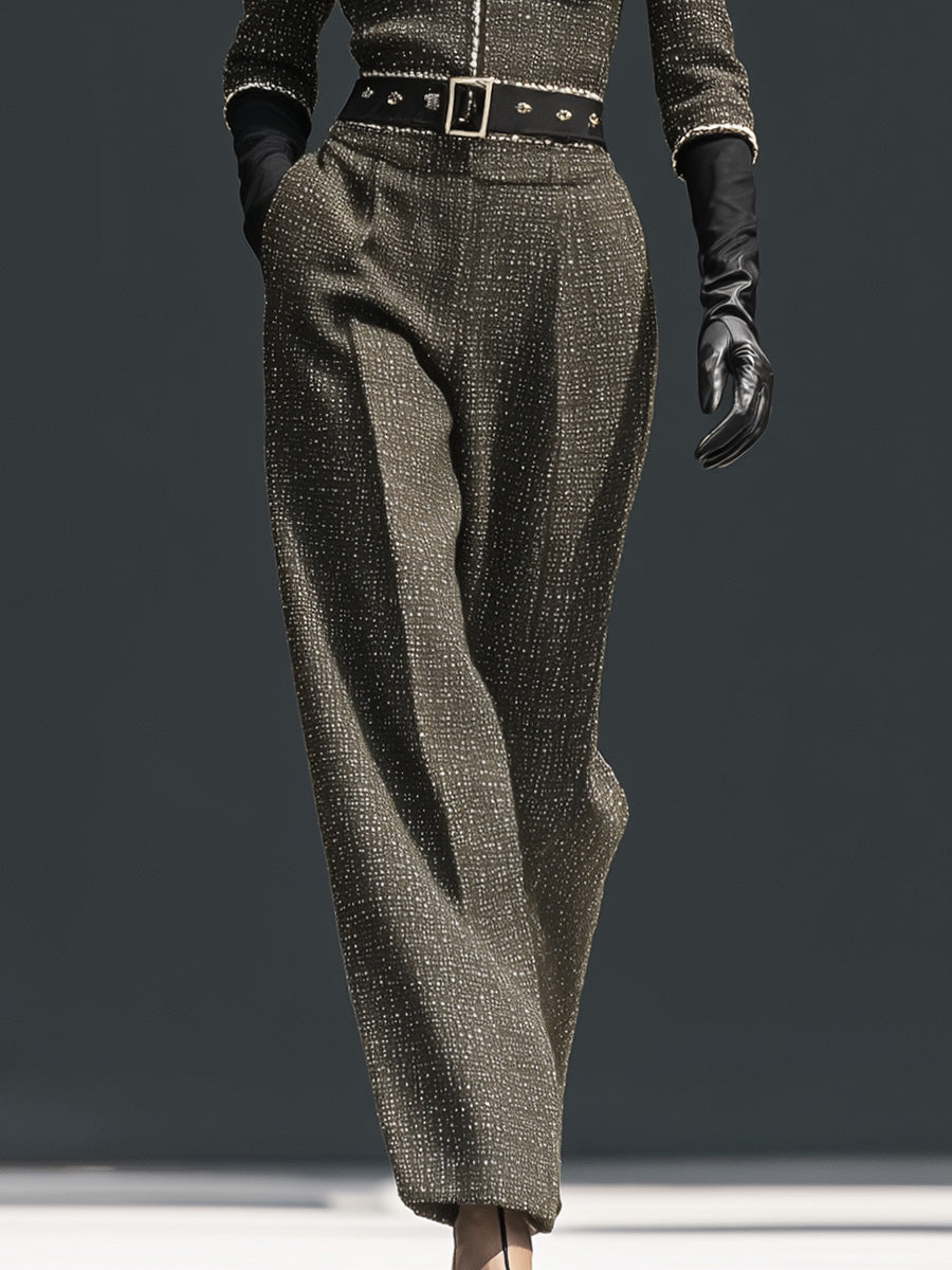 Exquisite Vintage Gray-green Tweed V-neck Silver Trim Three-quarter Sleeve Jumpsuit