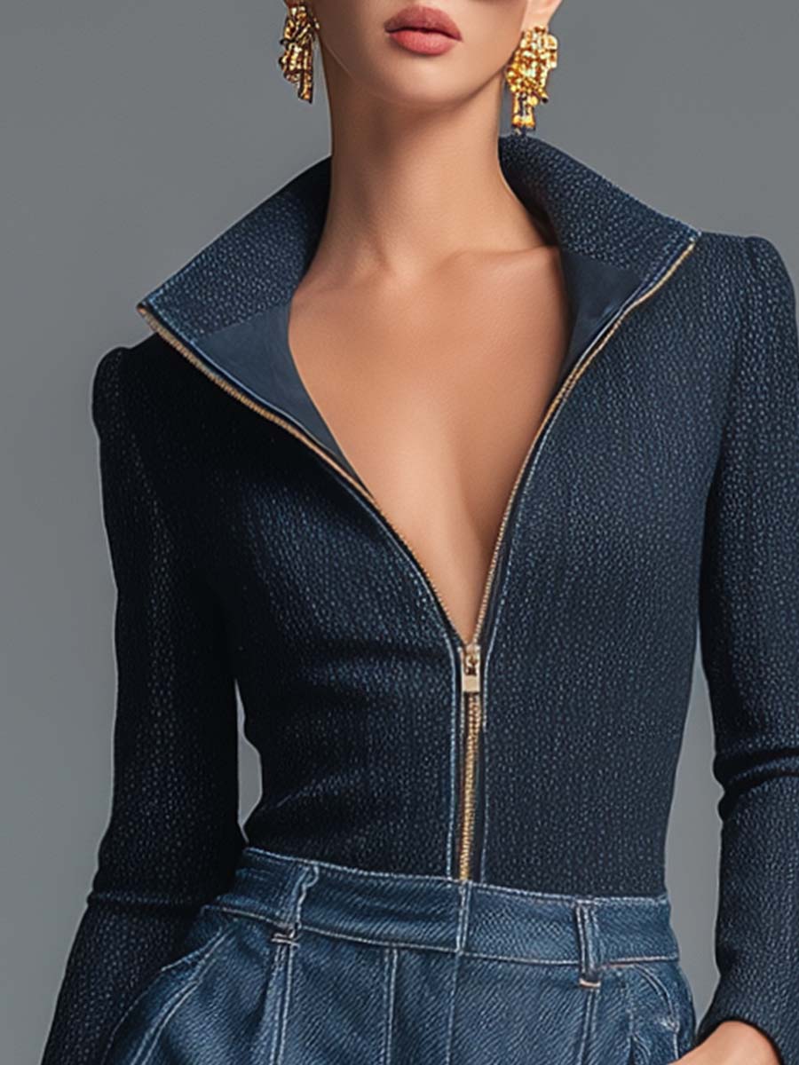 Oakly Fashion™ | Dark Blue Lapel Top