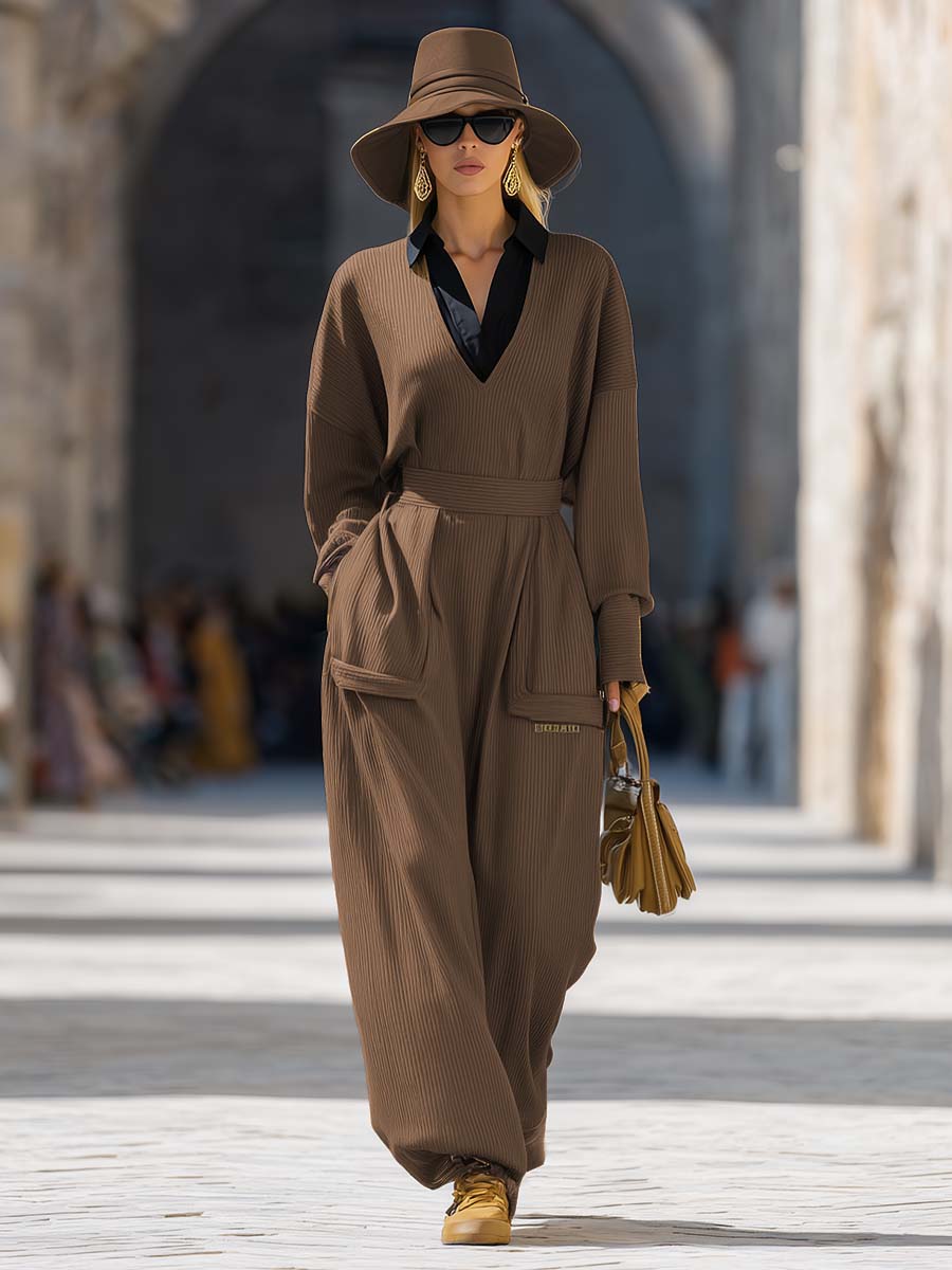 Exquisite Casual V-neck Long-sleeved Brown Knitted Jumpsuit