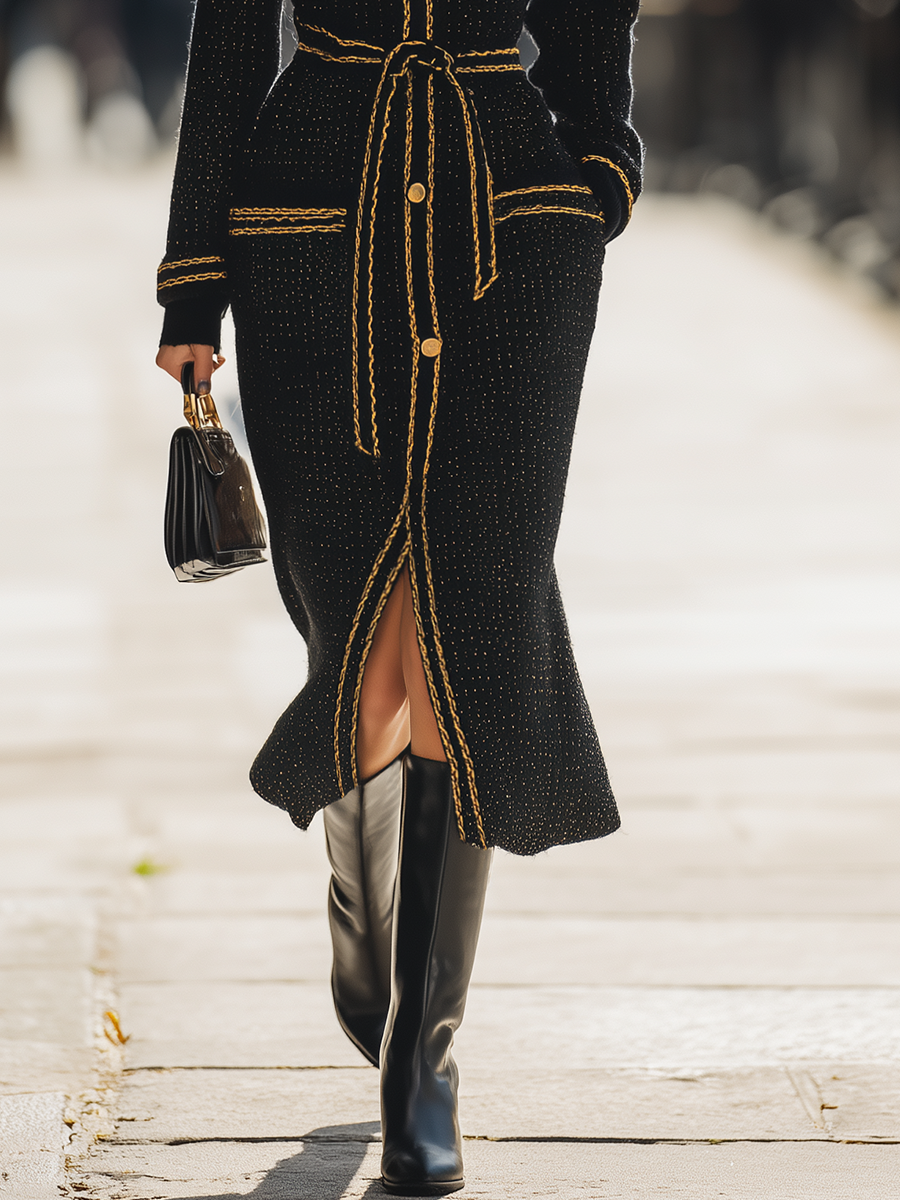 Oakly Fashion™ |  Gold Trim Lapel Tweed Maxi Dress
