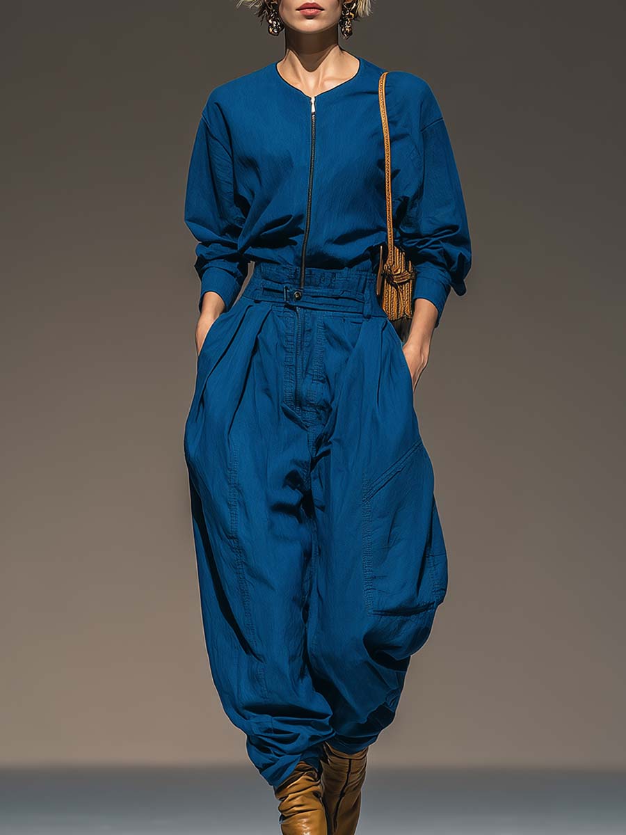 Exquisite Casual Royal Blue Cotton Round Neck Front Zipper Loose Jumpsuit