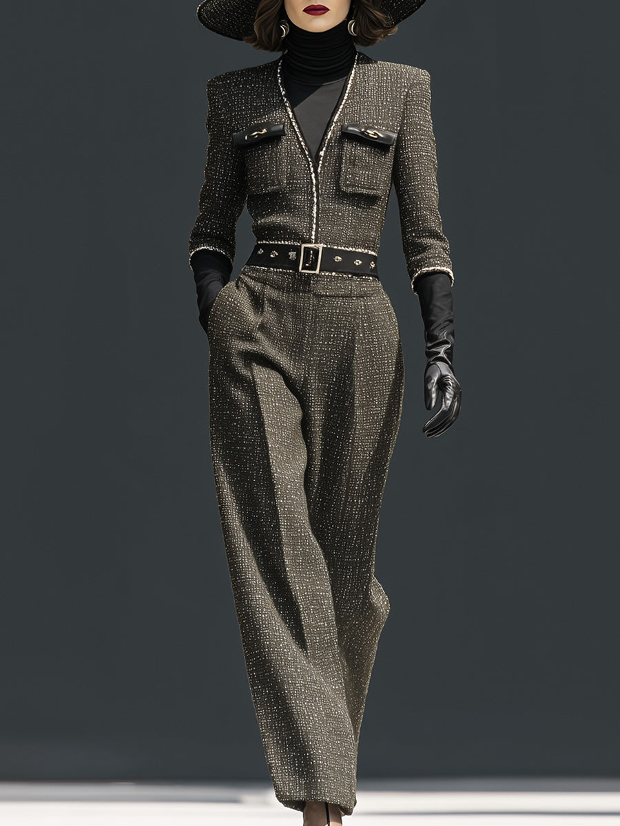 Exquisite Vintage Gray-green Tweed V-neck Silver Trim Three-quarter Sleeve Jumpsuit