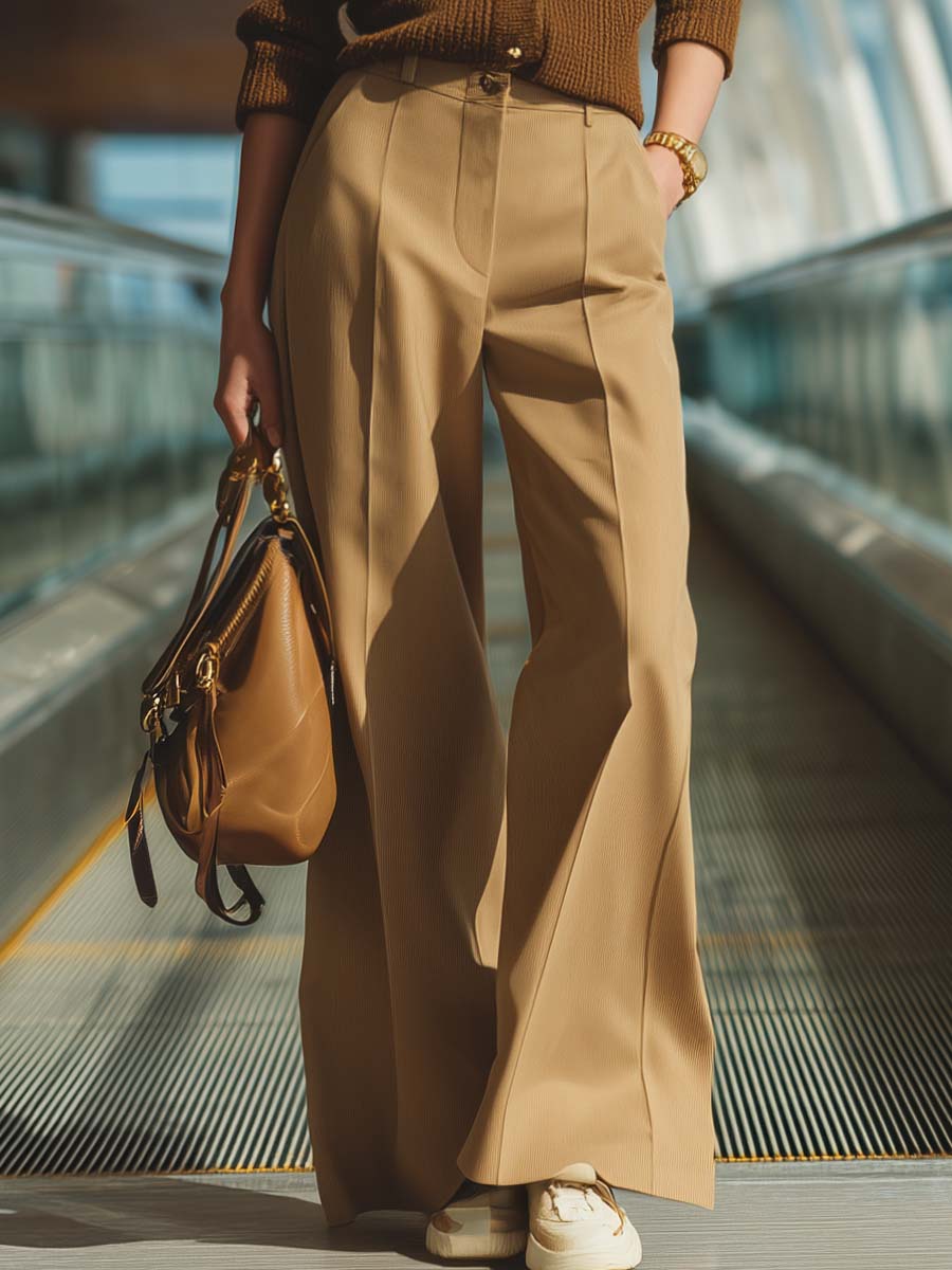 Classic Simple And Versatile Light Brown Worsted Wool Straight-leg Pants